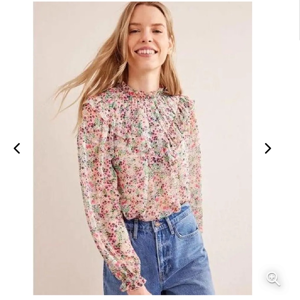 Anthropologie Boden Women's V Yoke Flounce Top Metallic Fibre Sheer Size 12
